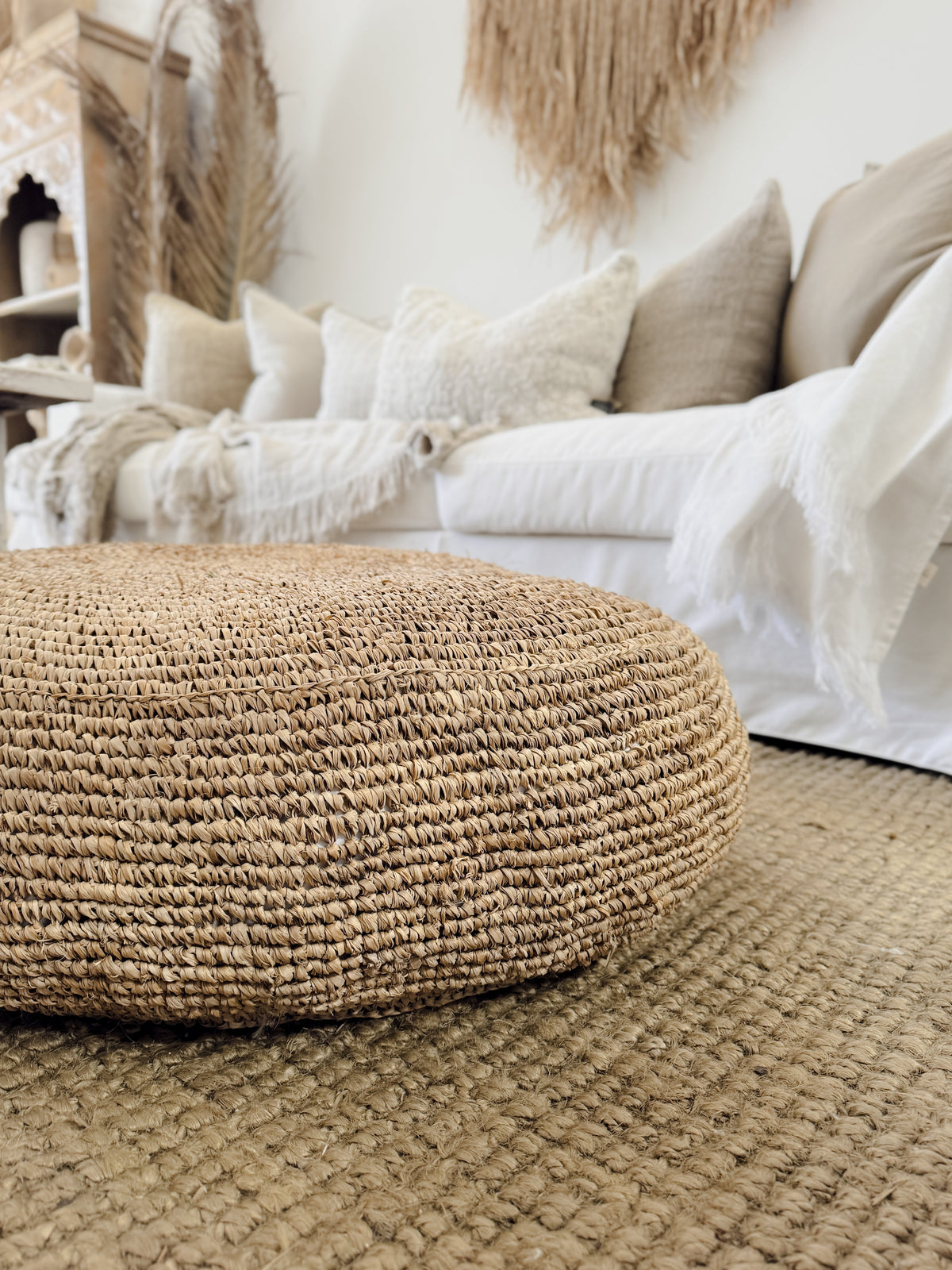 Ohana Raffia Pouffe/Floor Cushion Cover - Round Cushions and Covers Wander & Wild 