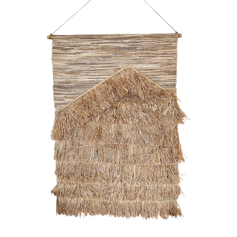 Full of organic texture this piece is a perfect mix of both coastal and neutral bohemian elements & is inspired by tropical resort style living. The seagrass weaved backing hangs from a timber rod & has been woven and sewn by hand using a mix of jute & natural alang alang grass. Layers of raffia follow to form the thick & textured layers of fringing that create a texture that will transform your space to a tropical oasis.