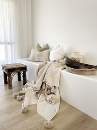 Classic Moroccan Pom Pom Throw -Beige Wander & Wild 