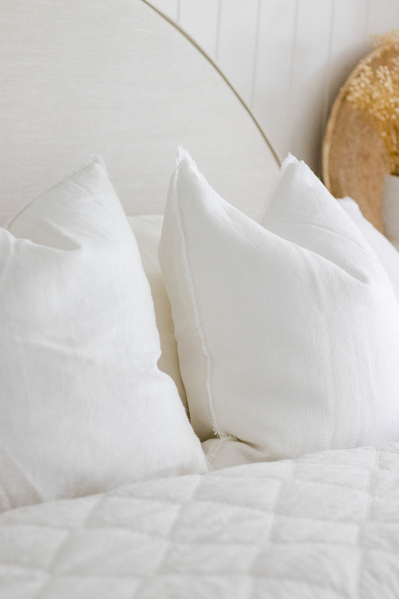 Thick heavy Linen Cushion cover 350gsm, white linen cushion cover with raw or embroidered edging. Stonewashed white quality linen available in neutral shades. White linen throwrug and cushions, Australia