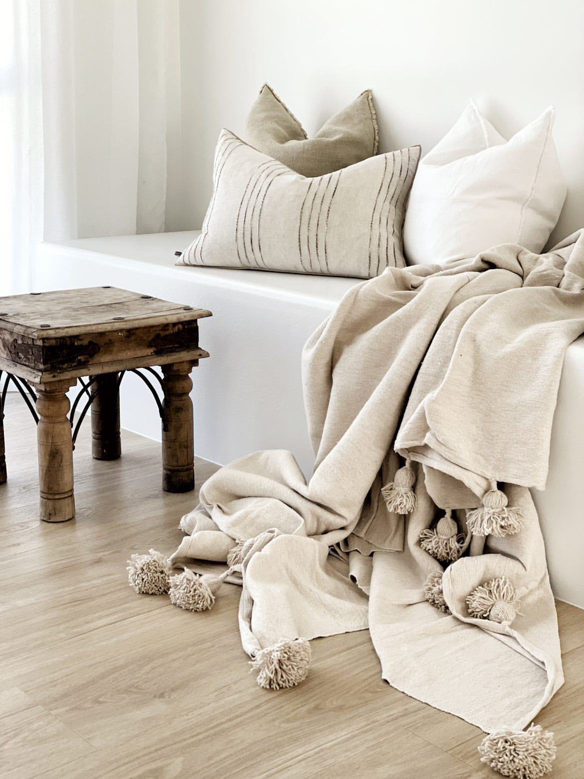 Classic Moroccan Pom Pom Throw -Beige Wander & Wild 