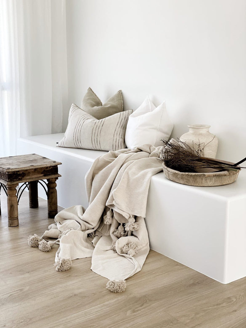 Classic Moroccan Pom Pom Throw -Beige Wander & Wild 