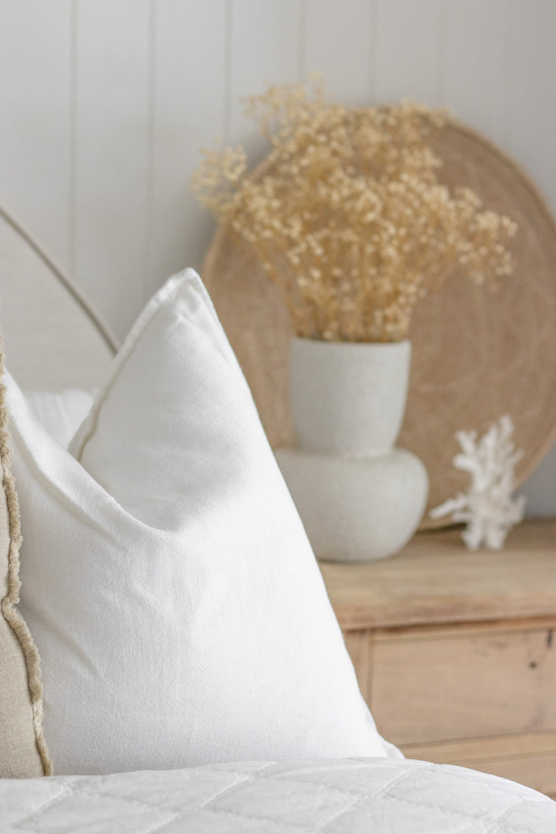 Thick heavy Linen Cushion cover 350gsm, white linen cushion cover with raw or embroidered edging. Stonewashed white quality linen available in neutral shades. White linen throwrug and cushions, Australia