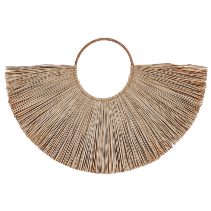 seagrass wall hanging A handwoven jute hoop with a skirt of natural alang alang seagrass. Created with raw textures & natural elements, this clean cut wall hanging is ideal for those that prefer a symmetrical structured style.