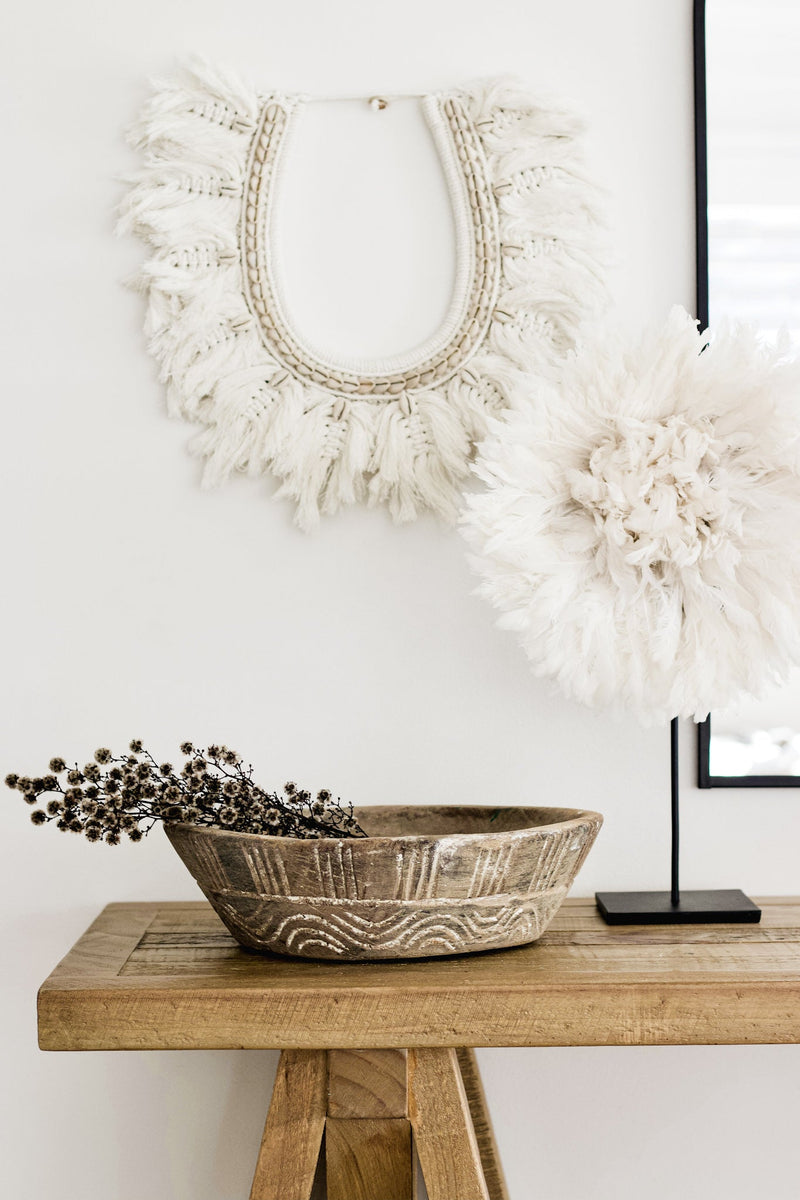 The Authentic Bamileke feather Juju, also known as a Traditional Feather Headdress has been hand made in Cameroon. On a custom made stand this piece transforms to a beautiful tabletop display. Perfect for a hall or side table, buffet unit or display shelf.